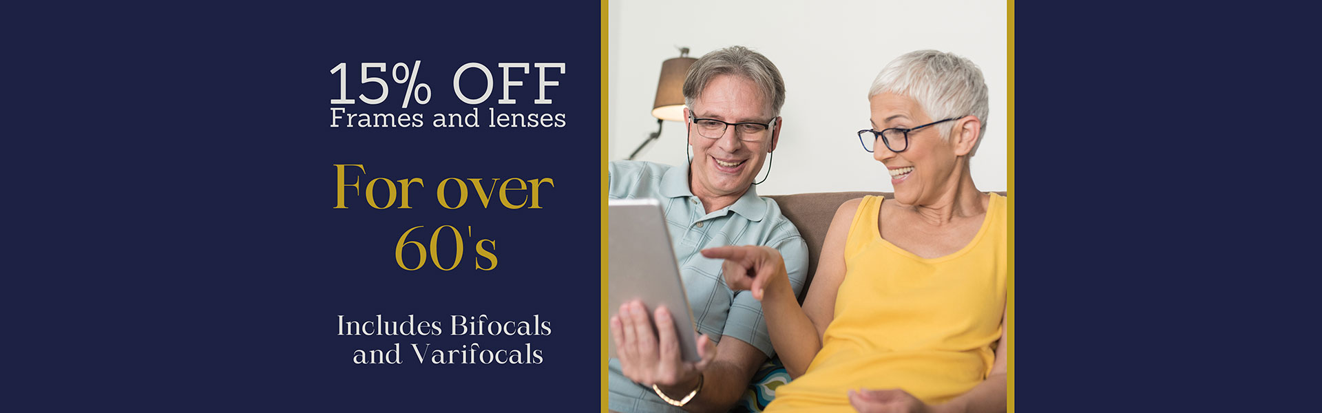 15% off on frames and lenses banner over 60